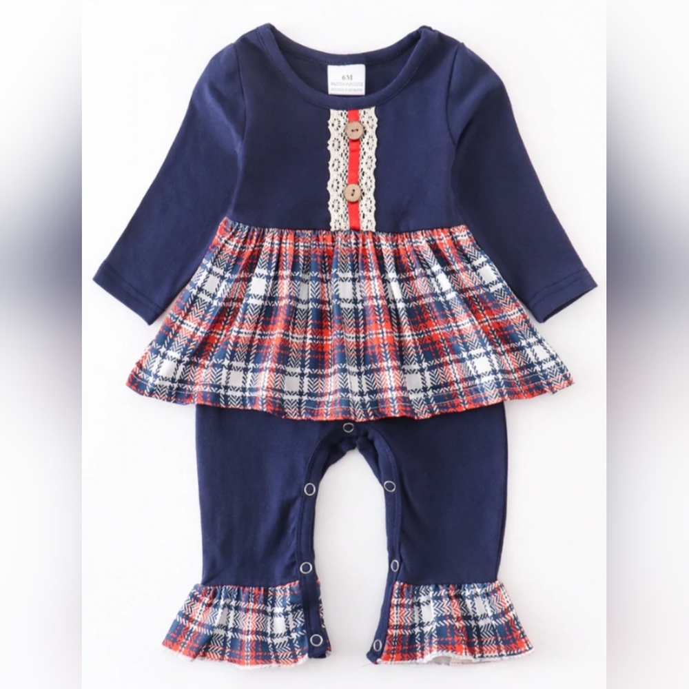 Infant Girl Ruffles Lace Plaid Romper NWOT